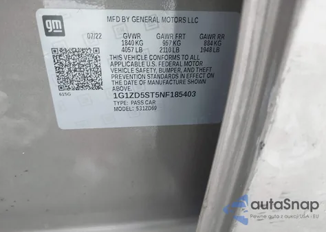 2022 Chevrolet Malibu Fwd Lt z USA, uszkodzony, nr VIN 1G1ZD5ST5NF185403